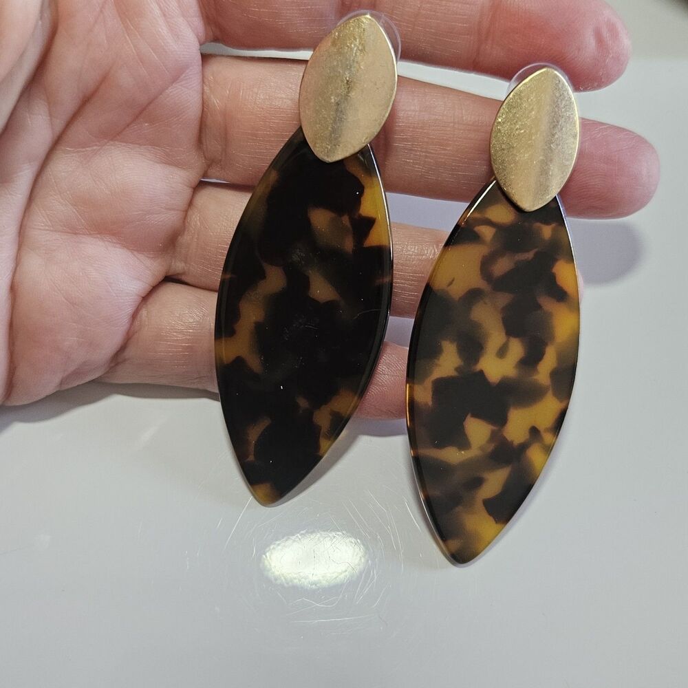 Gold Tone Acrylic Faux Tortoise Shell Dangling Earrings